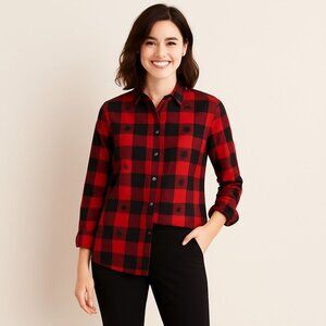 Talbots Womens Shirt Red Buffalo Check Scottie Dog Roll Tab Sleeve Petite Lp